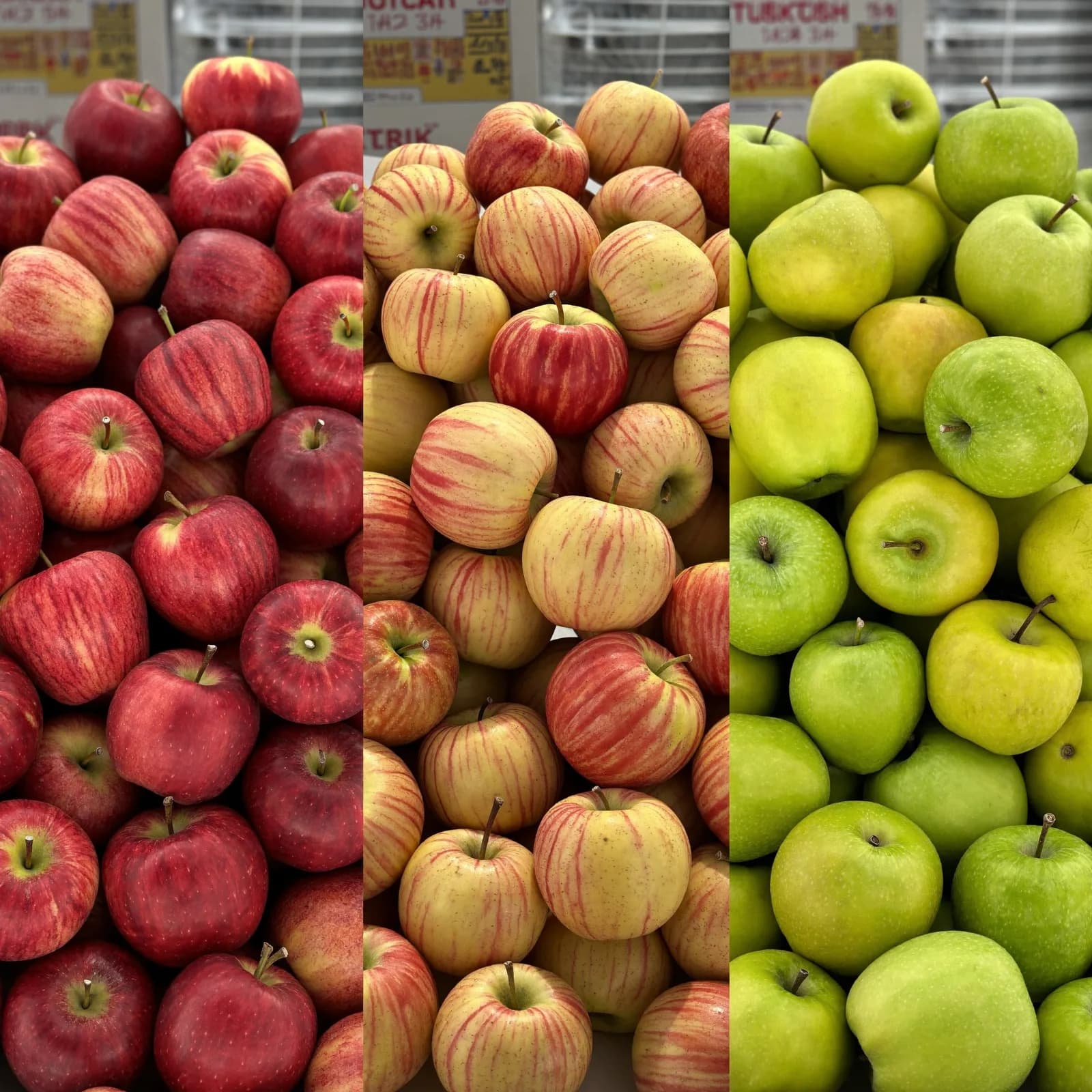 Three Turkish apple varieties side by side: red, bicolour and green.